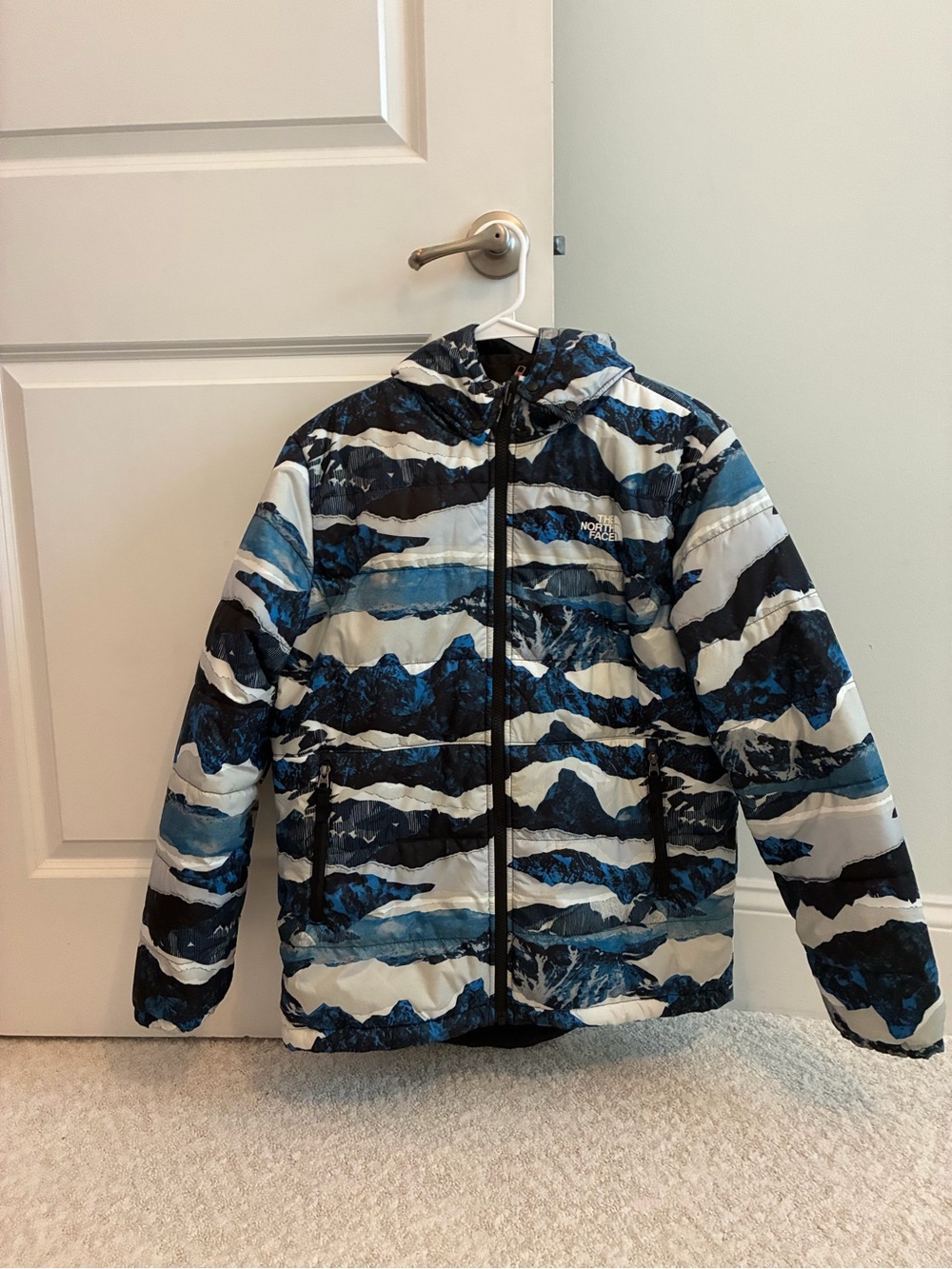 The North Face Kids Blue, Navy & White Mountain-Print Puffer Jacket
